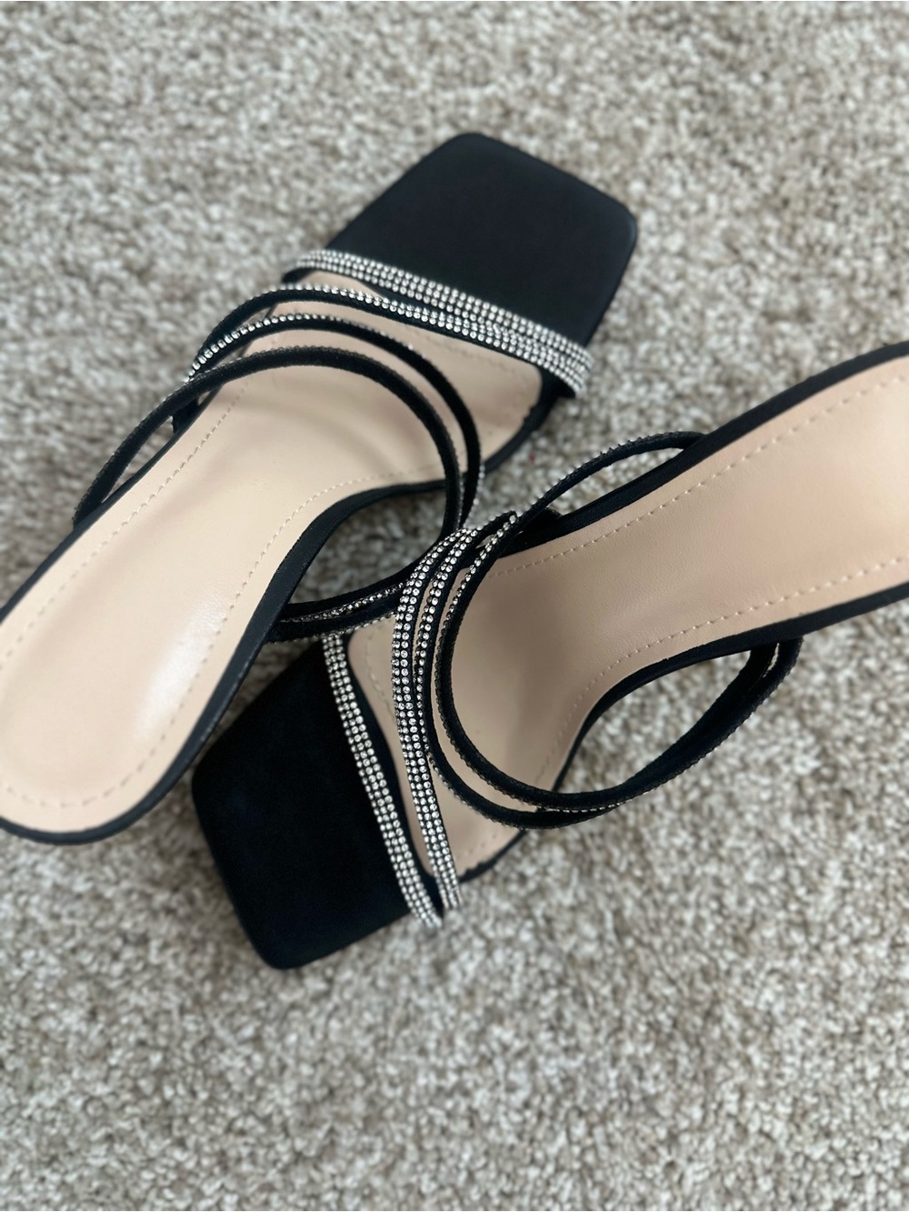 Black Strappy Rhinestone Slide Heels - Women's Dress Sandals 🖤🖤